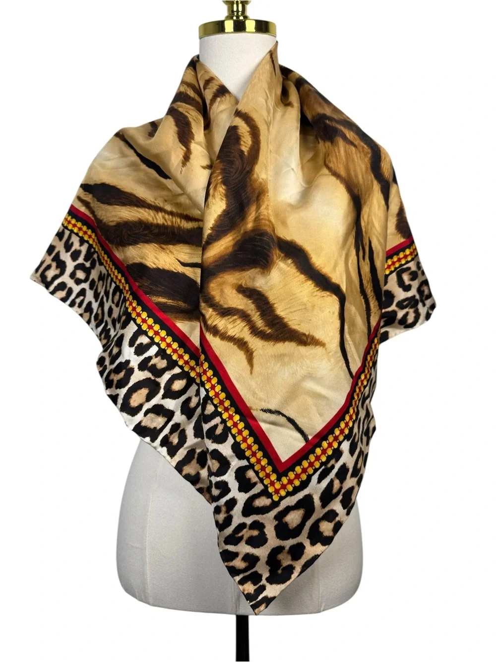 Chico’s Tiger Essence 100% Silk Square Scarf NWT Animal Print Chain Border 37.5”